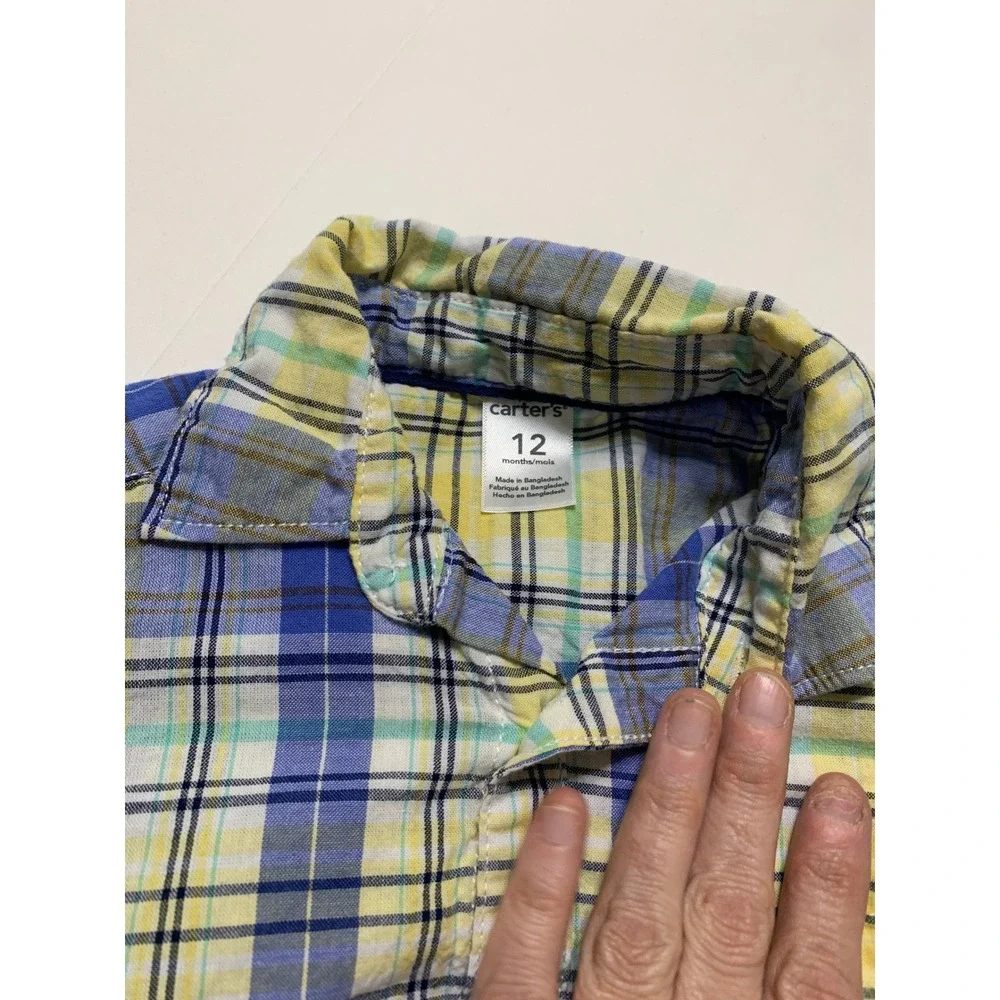 Carters Toddler‎ Button Down Shirts Lot of 2 Plaid Striped 12M 18M Blue Yellow